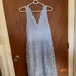 Periwinkle Blue V-Neck A-Line Tea-Length Lace Overlay Wedding Guest Dress by AST
